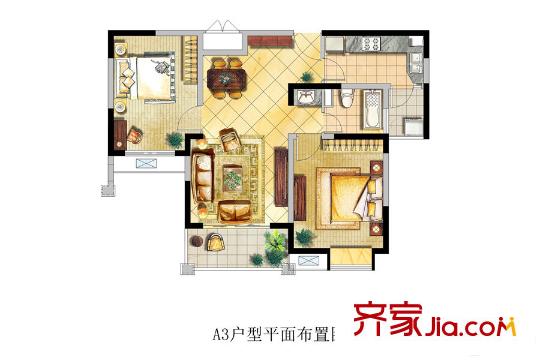 宝龙香槟湖A3户型 2室2厅1卫1厨