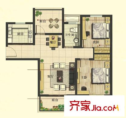 美新玫瑰大道E户型 2室2厅1卫1厨
