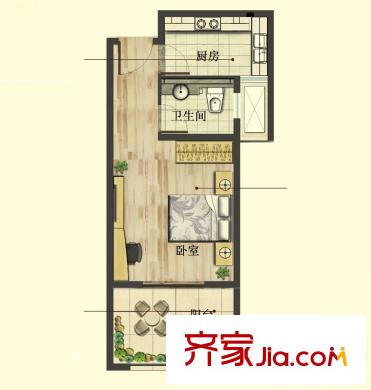 美新玫瑰大道D户型 1室1厅1卫1厨