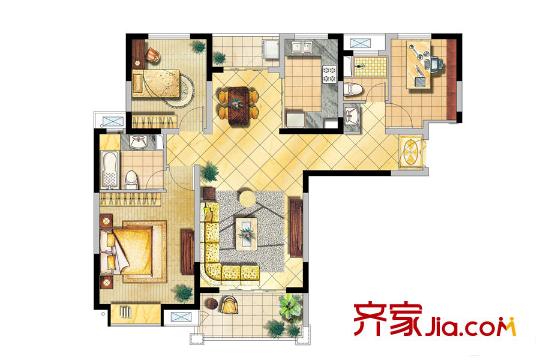宝龙香槟湖B1户型 3室2厅2卫1厨