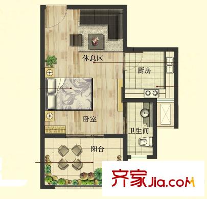 美新玫瑰大道C户型 1室1厅1卫1厨