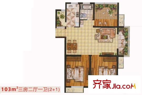 锡北・新街口103平J户型 3室2厅1卫1厨