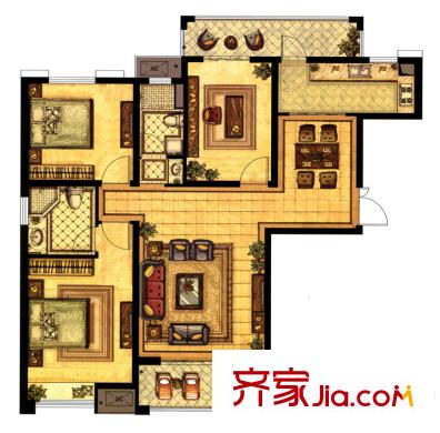 江阴万达广场A1户型 3室2厅2卫1厨