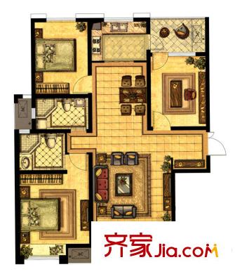 江阴万达广场B1户型 3室2厅2卫1厨