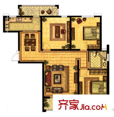 江阴万达广场A3户型 3室2厅2卫1厨