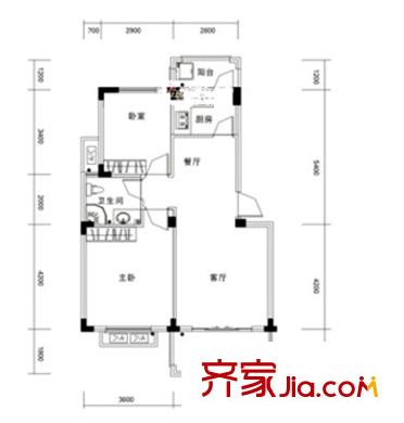力高国际城Q1户型 2室2厅1卫1厨