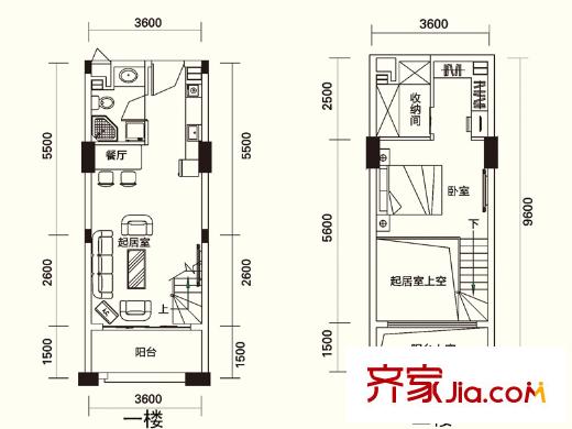 力高国际城25号楼LOFT公馆买一赠一户型 1室2厅1卫1厨