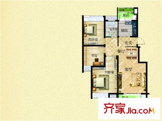 东投阳光城一期BA户型图 3室3厅1卫1厨