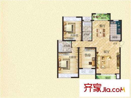 东投阳光城一期BE户型图 3室2厅2卫1厨