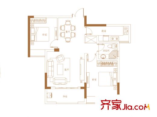 朝阳天成高层9#、10#、11#楼F户型 2室2厅1卫1厨