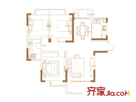 朝阳天成高层5#、6#、7#、8#楼G户型 3室2厅1卫1厨