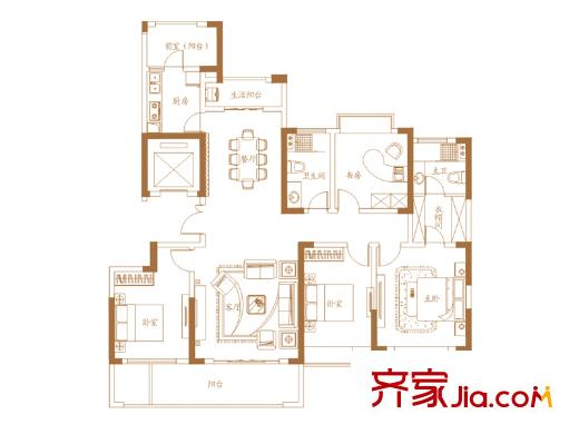 朝阳天成1#、3#高层C户型 4室2厅2卫1厨