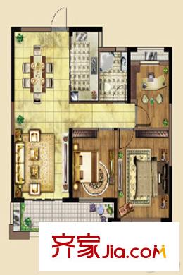 保利金香槟A户型三房两厅一卫约95m² 3室2厅1卫1厨