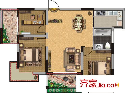 江报翰林世家D2户型 3室2厅1卫1厨