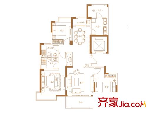 朝阳天成1#、3#高层A户型 3室2厅2卫1厨