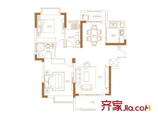 朝阳天成高层9#、11#楼Q户型 2室2厅2卫1厨