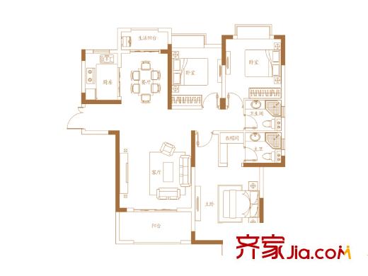 朝阳天成高层5#、6#、7#、8#楼E户型 3室2厅2卫1厨