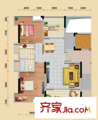 江铃晶城户型图二期公馆3#楼标准层A户型 2室2厅1卫1厨