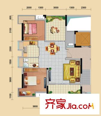 江铃晶城户型图二期公馆3#楼标准层B户型 2室2厅1卫1厨