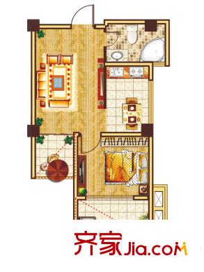 中大城7#公寓户型F 1室1厅1卫1厨