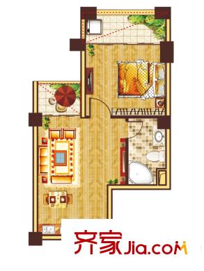 中大城7#公寓户型I 1室1厅1卫1厨