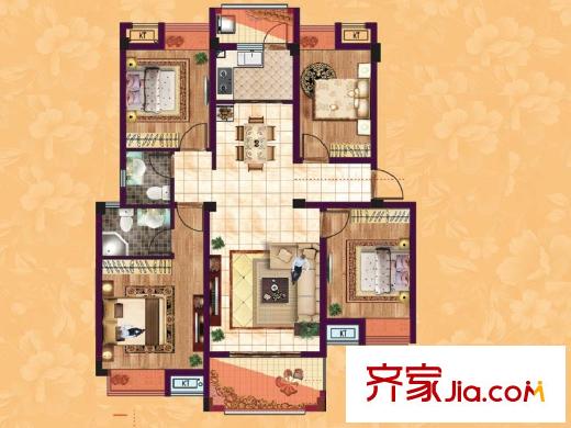 东方香颂项目一期B2户型 3室2厅2卫1厨