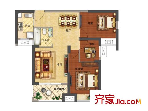 正荣御平方米3#高层3室2厅D2户型 3室2厅1卫