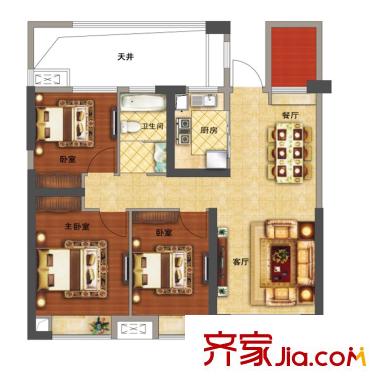 正荣御平方米2#高层3室2厅D1户型 3室2厅1卫