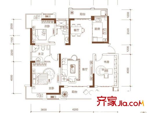 宏泰世纪滨江一期2#、3#、5#高层F1户型图 3室2厅2卫1厨