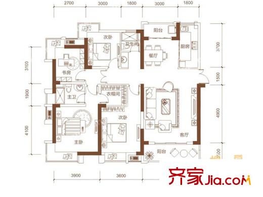 宏泰世纪滨江一期2#、3#、5#高层J1户型图 3室2厅2卫1厨