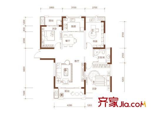 宏泰世纪滨江一期2#、3#、5#高层C1户型 3室2厅1卫1厨
