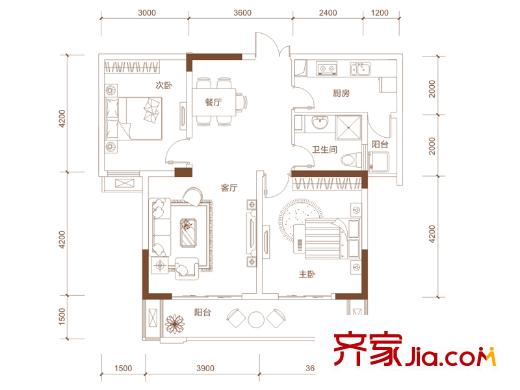 宏泰世纪滨江一期2#、3#、5#高层L1户型 2室2厅1卫1厨