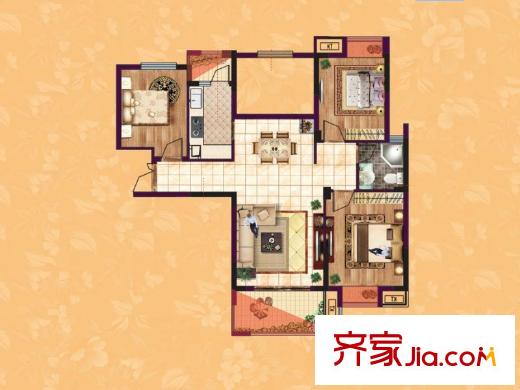 东方香颂项目一期C3户型 2室2厅1卫1厨