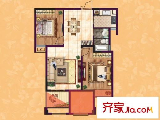 东方香颂项目一期C2户型 2室2厅1卫1厨