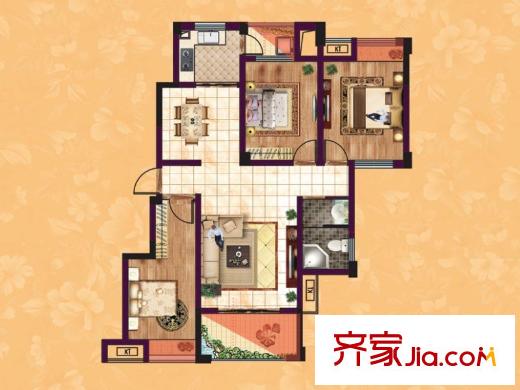 东方香颂项目一期D2户型 3室2厅1卫1厨