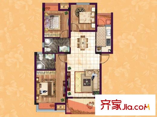 东方香颂项目一期B1户型 2室2厅2卫1厨