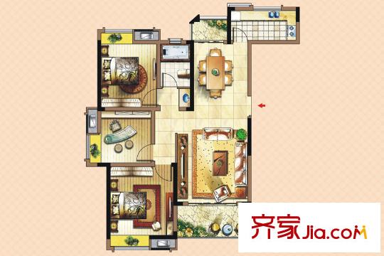 朗贤奥特莱斯小镇二期A1户型三房两厅一卫 3室2厅1卫1厨