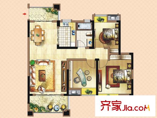 朗贤奥特莱斯小镇一期2#、4#、5#标准层A3户型 3室2厅1卫1厨