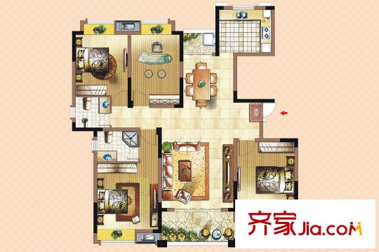 朗贤奥特莱斯小镇二期E1户型四房两厅两位 4室2厅2卫1厨