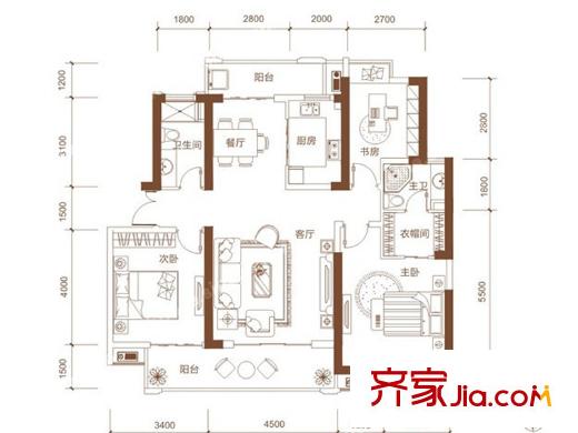 宏泰世纪滨江一期2#、3#、5#高层J2户型图 3室2厅2卫1厨