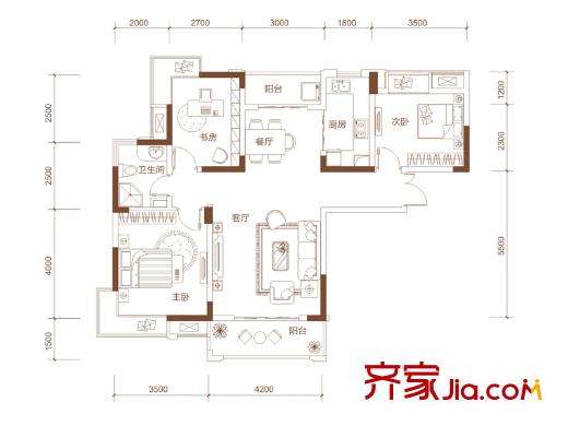 宏泰世纪滨江一期2#、3#、5#高层K1户型 3室2厅1卫1厨