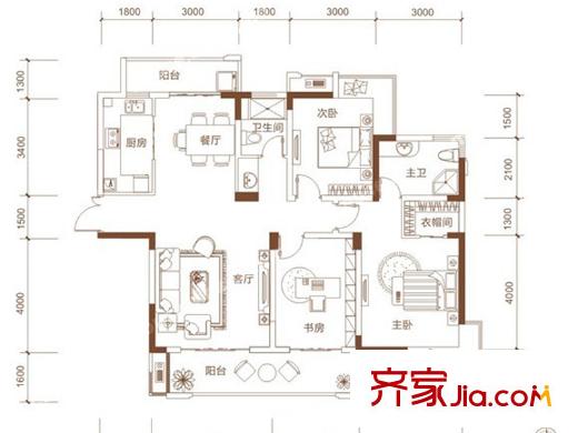 宏泰世纪滨江一期2#、3#、5#高层J3户型图 3室2厅2卫1厨