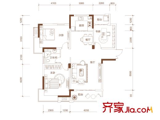 宏泰世纪滨江一期2#、3#、5#高层E1户型 3室2厅1卫1厨