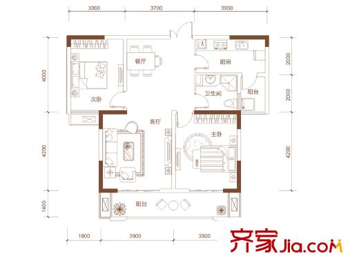 宏泰世纪滨江一期2#、3#、5#高层B1户型 2室2厅1卫1厨