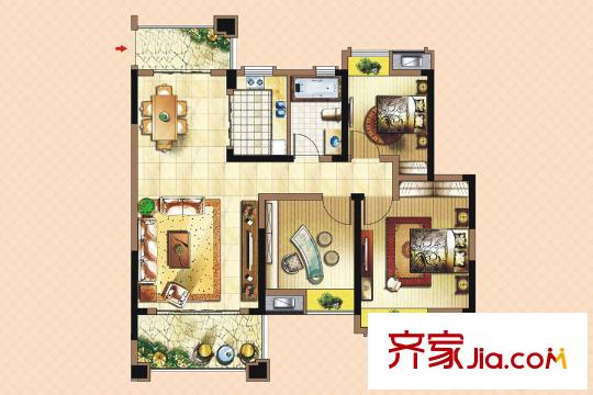 朗贤奥特莱斯小镇二期A3户型三房两厅一卫 3室3厅1卫1厨