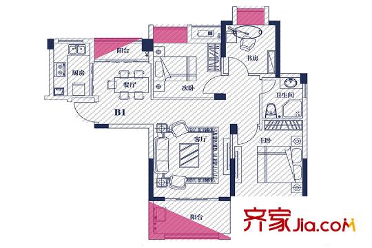绿都阳光上东1#楼B1户型 3室2厅1卫1厨