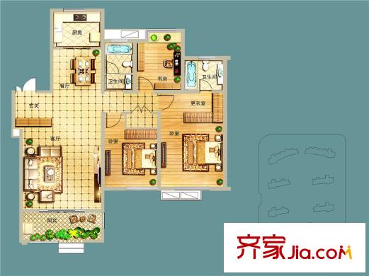 商城凤凰印象一期10#楼G1户型 3室2厅2卫1厨