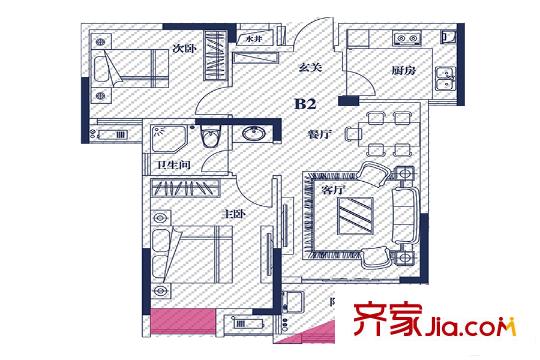 绿都阳光上东1#楼B2户型 2室2厅1卫1厨
