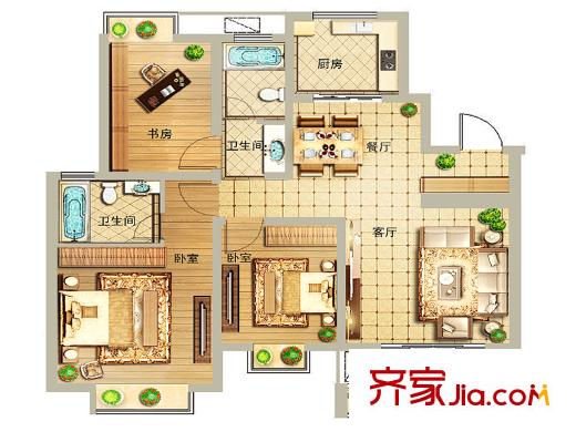 商城凤凰印象一期2#楼D户型 3室2厅2卫1厨