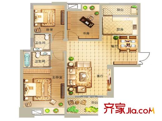 商城凤凰印象一期2#楼C户型 3室2厅2卫1厨